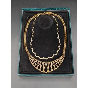 Vintage Suzanne Somers Jewelry Gold Tone Fan Statement Necklace & Crystal S READ